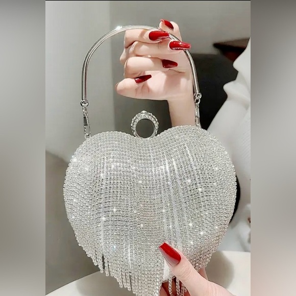 Elegant Silver & Crystal Heart-Shaped Evening Bag - Picture 1 of 5